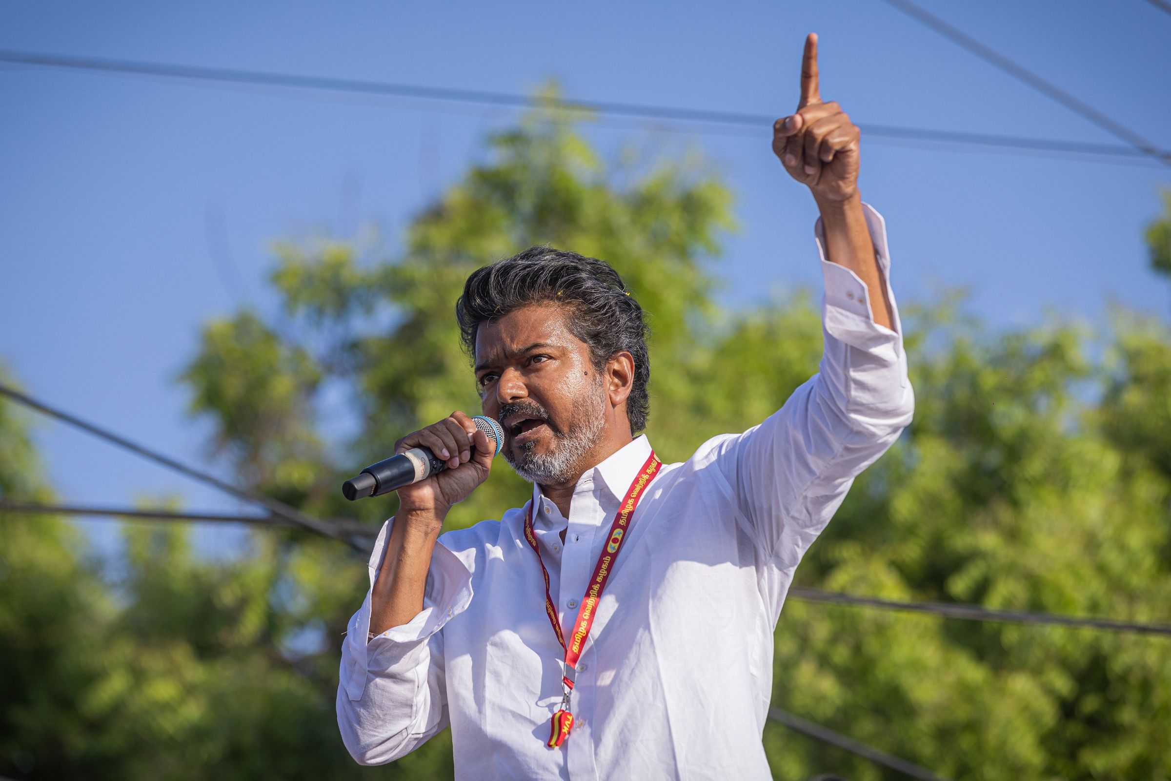 Vijay speaking at a campaign event